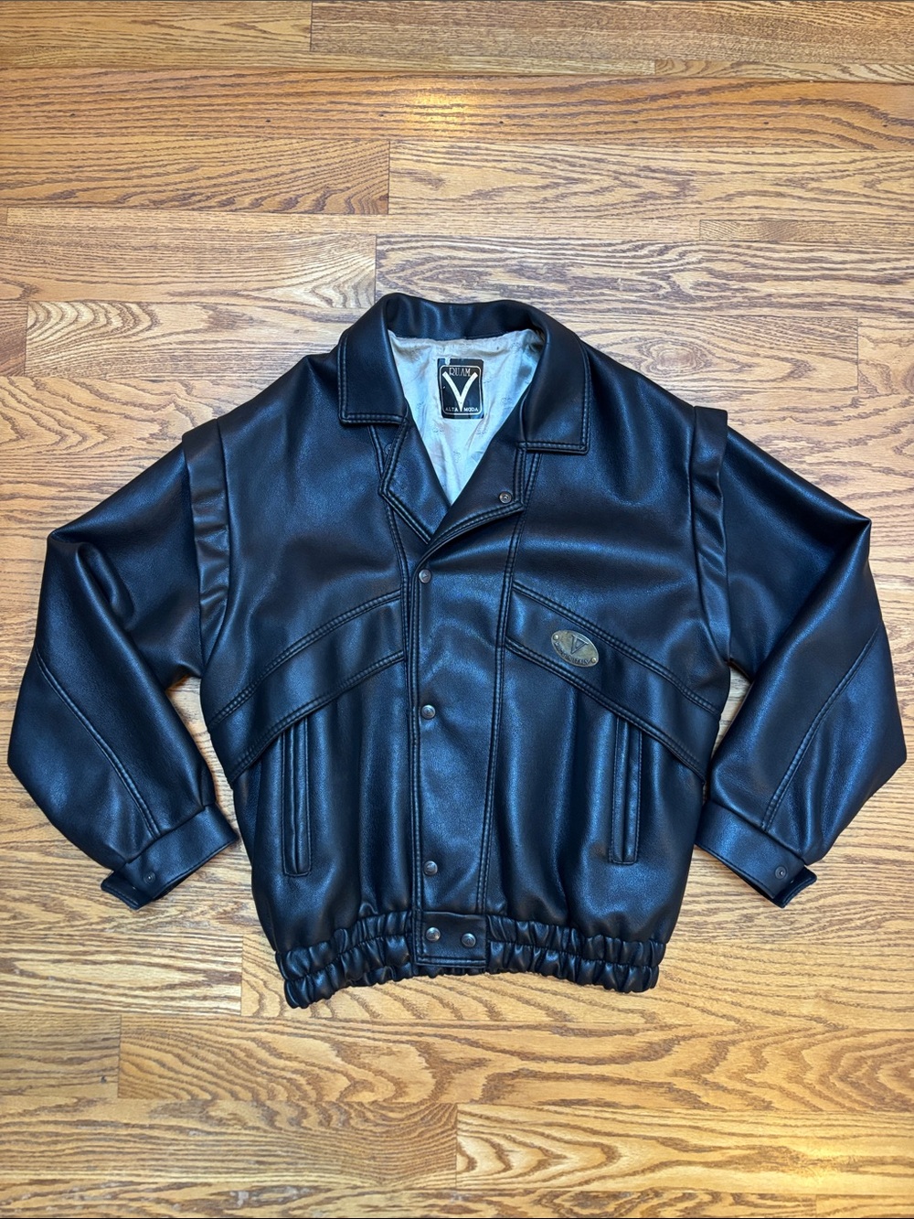 Vintage 90s Italian Bomber Jacket - Oversized Black Faux Vegan Leather